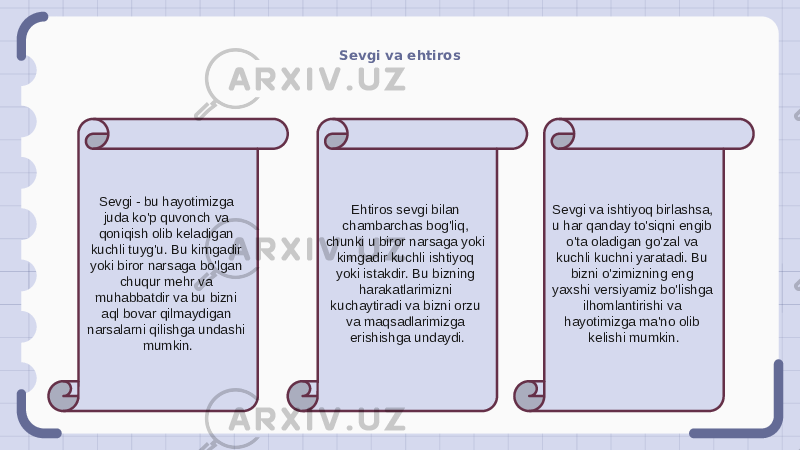 Sevgi va ehtiros Sevgi - bu hayotimizga juda ko&#39;p quvonch va qoniqish olib keladigan kuchli tuyg&#39;u. Bu kimgadir yoki biror narsaga bo&#39;lgan chuqur mehr va muhabbatdir va bu bizni aql bovar qilmaydigan narsalarni qilishga undashi mumkin. Ehtiros sevgi bilan chambarchas bog&#39;liq, chunki u biror narsaga yoki kimgadir kuchli ishtiyoq yoki istakdir. Bu bizning harakatlarimizni kuchaytiradi va bizni orzu va maqsadlarimizga erishishga undaydi. Sevgi va ishtiyoq birlashsa, u har qanday to&#39;siqni engib o&#39;ta oladigan go&#39;zal va kuchli kuchni yaratadi. Bu bizni o&#39;zimizning eng yaxshi versiyamiz bo&#39;lishga ilhomlantirishi va hayotimizga ma&#39;no olib kelishi mumkin. 