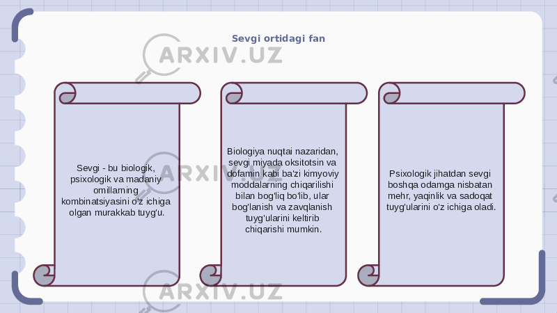 Sevgi ortidagi fan Sevgi - bu biologik, psixologik va madaniy omillarning kombinatsiyasini o&#39;z ichiga olgan murakkab tuyg&#39;u. Biologiya nuqtai nazaridan, sevgi miyada oksitotsin va dofamin kabi ba&#39;zi kimyoviy moddalarning chiqarilishi bilan bog&#39;liq bo&#39;lib, ular bog&#39;lanish va zavqlanish tuyg&#39;ularini keltirib chiqarishi mumkin. Psixologik jihatdan sevgi boshqa odamga nisbatan mehr, yaqinlik va sadoqat tuyg&#39;ularini o&#39;z ichiga oladi. 