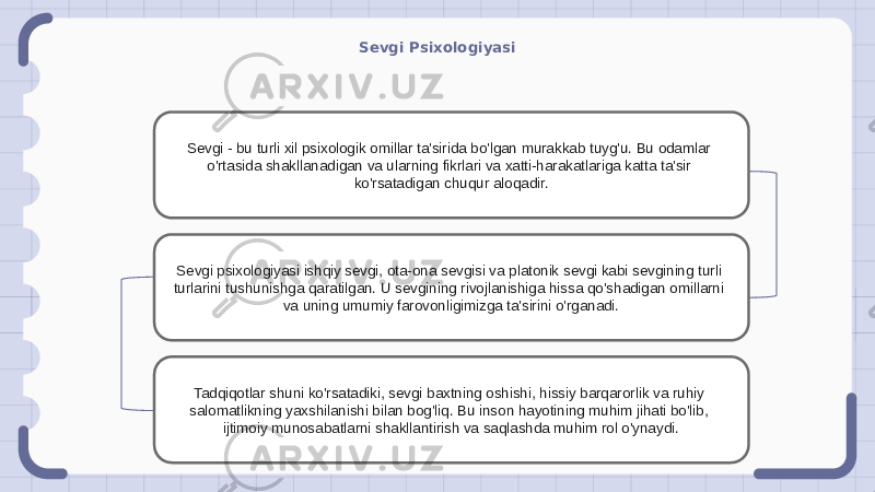 Sevgi Psixologiyasi Sevgi - bu turli xil psixologik omillar ta&#39;sirida bo&#39;lgan murakkab tuyg&#39;u. Bu odamlar o&#39;rtasida shakllanadigan va ularning fikrlari va xatti-harakatlariga katta ta&#39;sir ko&#39;rsatadigan chuqur aloqadir. Sevgi psixologiyasi ishqiy sevgi, ota-ona sevgisi va platonik sevgi kabi sevgining turli turlarini tushunishga qaratilgan. U sevgining rivojlanishiga hissa qo&#39;shadigan omillarni va uning umumiy farovonligimizga ta&#39;sirini o&#39;rganadi. Tadqiqotlar shuni ko&#39;rsatadiki, sevgi baxtning oshishi, hissiy barqarorlik va ruhiy salomatlikning yaxshilanishi bilan bog&#39;liq. Bu inson hayotining muhim jihati bo&#39;lib, ijtimoiy munosabatlarni shakllantirish va saqlashda muhim rol o&#39;ynaydi. 