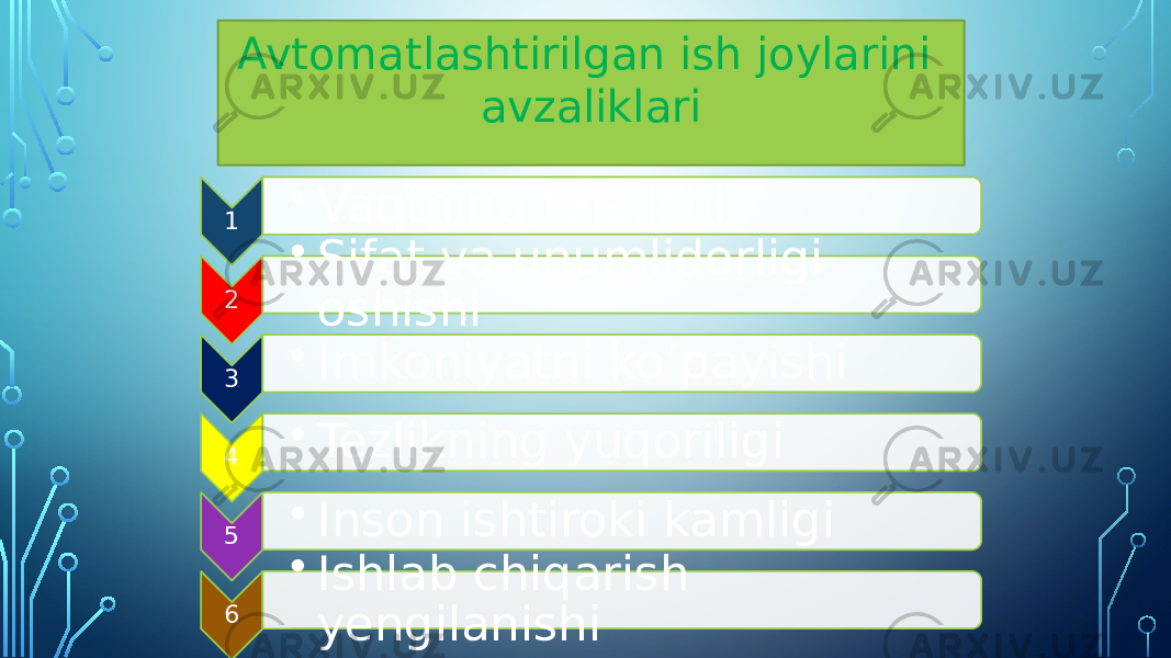 Avtomatlashtirilgan ish joylarini avzaliklari 1 • Vaqtning tejalishi 2 • Sifat va unumlidorligi oshishi 3 • Imkoniyatni ko’payishi 4 • Tezlikning yuqoriligi 5 • Inson ishtiroki kamligi 6 • Ishlab chiqarish yengilanishi 