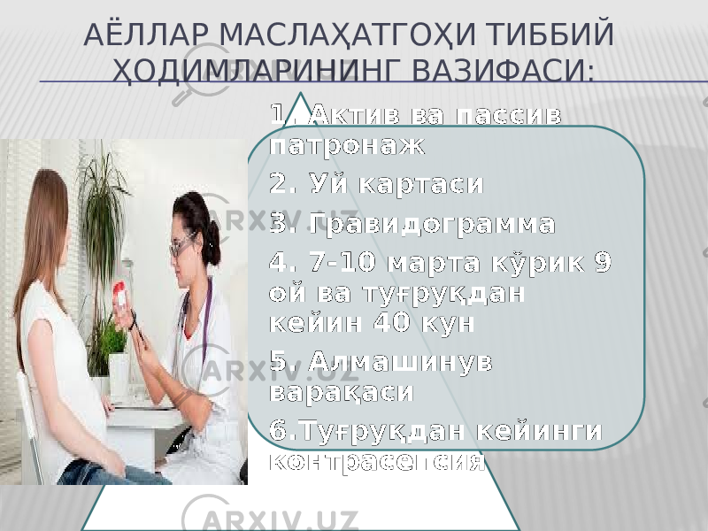 АЁЛЛАР МАСЛАҲАТГОҲИ ТИББИЙ ҲОДИМЛАРИНИНГ ВАЗИФАСИ: 1. Актив ва пассив патрoнаж 2. Уй картаси 3. Гравид o грамма 4. 7-10 марта кўрик 9 o й ва туғруқдан к e йин 40 кун 5. Алмашинув варақаси 6.Туғруқдан к e йинги к o нтрас e псия 