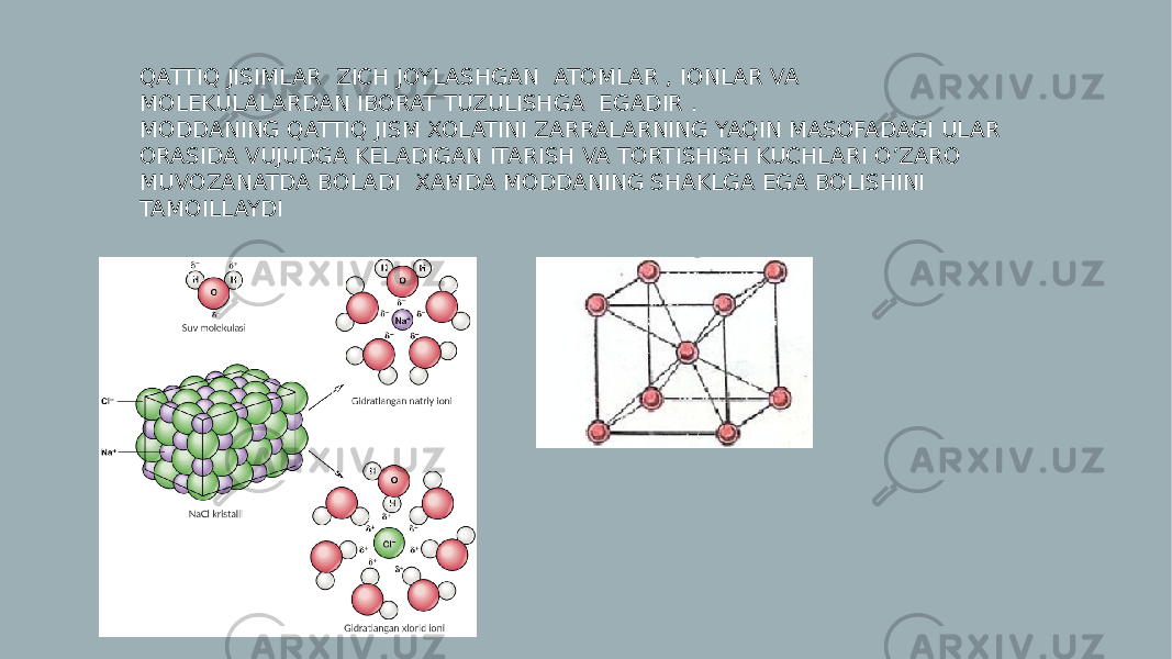 QATTIQ JISIMLAR ZICH JOYLASHGAN ATOMLAR , IONLAR VA MОLEKULALARDAN IBORAT TUZULISHGA EGADIR . MODDANING QATTIQ JISM XOLATINI ZARRALARNING YAQIN MASOFADAGI ULAR ORASIDA VUJUDGA KELADIGAN ITARISH VA TORTISHISH KUCHLARI O’ZARO MUVOZANATDA BOLADI XAMDA MODDANING SHAKLGA EGA BOLISHINI TAMOILLAYDI 