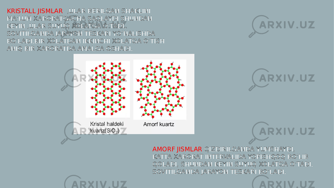 KRISTALL JISMLAR ,ULAR BERILGAN SHAKLINI MA’LUM XARORATGACHA SAQLAYDI SHUNDAN KEYIN ,ULAR SUYUQ XOLATGA O’TADI. SOVITILGANDA JARAYON TESKARI YO’NALISHDA BO’LADI.BIR XOLATDAN IKKINCHI XOLATGA O’TISH ANIQ BIR XARORATDA AMALGA OSHADI. AMORF JISMLAR QIZDIRILGANDA YUMSHAYDI, KATTA XARORAT INTERVALIDA YOPISHQOQ BO’LIB QOLADI, SHUNDAN KEYIN SUYUQ XOLATGA O’TADI. SOVITILGANDA JARAYON TESKARI BO’LADI. 