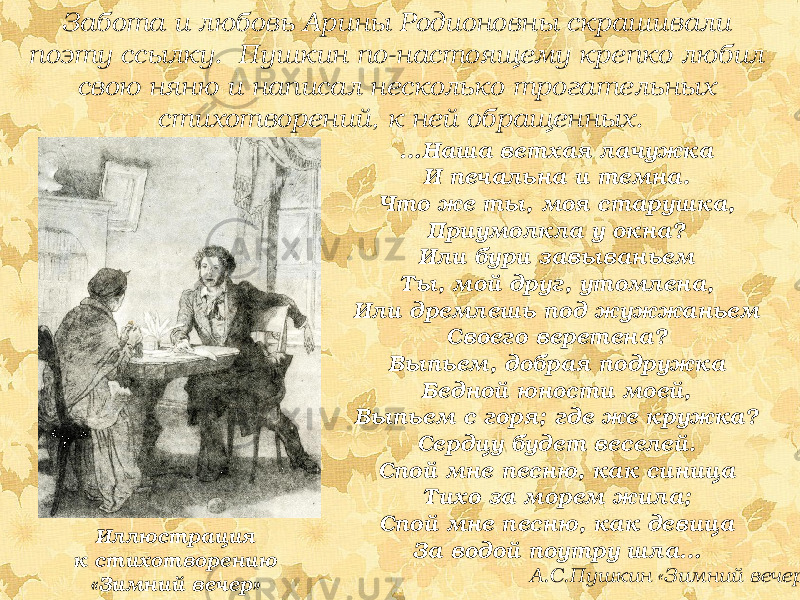 Забота и любовь Арины Родионовны скрашивали поэту ссылку. Пушкин по-настоящему крепко любил свою няню и написал несколько трогательных стихотворений, к ней обращенных. Иллюстрация к стихотворению «Зимний вечер» … Наша ветхая лачужка И печальна и темна. Что же ты, моя старушка, Приумолкла у окна? Или бури завываньем Ты, мой друг, утомлена, Или дремлешь под жужжаньем Своего веретена? Выпьем, добрая подружка Бедной юности моей, Выпьем с горя; где же кружка? Сердцу будет веселей. Спой мне песню, как синица Тихо за морем жила; Спой мне песню, как девица За водой поутру шла… А.С.Пушкин «Зимний вечер» 