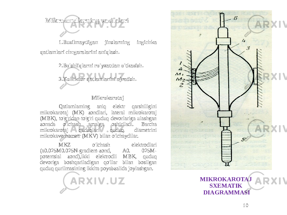 MIKROKAROTAJ SXEMATIK DIAGRAMMASI 10Mikrozondlarning vazifalari 1. Buzilmaydigan jinslarning ingichka qatlamlari chegaralarini aniqlash. 2. Bo&#39;shliqlarni ro&#39;yxatdan o&#39;tkazish. 3. Kollektor qatlamlarini ajratish. Mikrokarotaj Qatlamlarning aniq elektr qarshiligini mikrokarotaj (MK) zondlari, lateral mikrokarotaj (MBK), to&#39;g&#39;ridan-to&#39;g&#39;ri quduq devorlariga ulashgan zonada o&#39;lchash amalga oshiriladi. Barcha mikrokarotaj quduqlari quduq diametrini mikrokavernometr (MKV) bilan o&#39;lchaydilar. MKZ o&#39;lchash elektrodlari (a0.025M0.025N-gradient-zond, A0. 025M- potentsial zond),ikki elektrodli MBK, quduq devoriga boshqariladigan qo&#39;llar bilan bosilgan quduq qurilmasining ikkita poyabzalida joylashgan. 