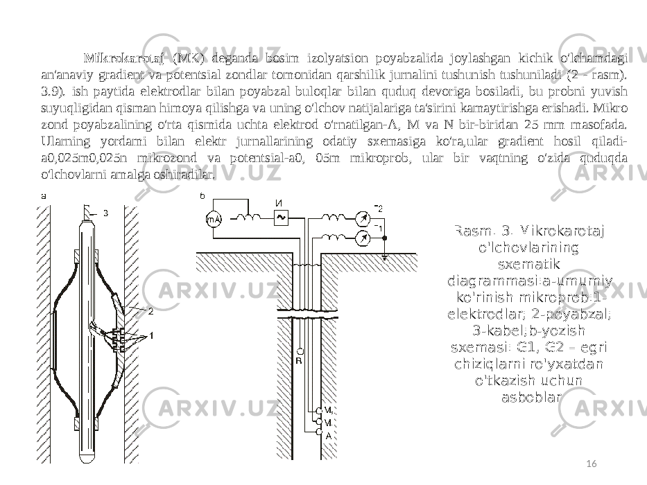 16Mikrokarotaj (MK) deganda bosim izolyatsion poyabzalida joylashgan kichik o&#39;lchamdagi an&#39;anaviy gradient va potentsial zondlar tomonidan qarshilik jurnalini tushunish tushuniladi (2 - rasm). 3.9). ish paytida elektrodlar bilan poyabzal buloqlar bilan quduq devoriga bosiladi, bu probni yuvish suyuqligidan qisman himoya qilishga va uning o&#39;lchov natijalariga ta&#39;sirini kamaytirishga erishadi. Mikro zond poyabzalining o&#39;rta qismida uchta elektrod o&#39;rnatilgan-A, M va N bir-biridan 25 mm masofada. Ularning yordami bilan elektr jurnallarining odatiy sxemasiga ko&#39;ra,ular gradient hosil qiladi- a0,025m0,025n mikrozond va potentsial-a0, 05m mikroprob, ular bir vaqtning o&#39;zida quduqda o&#39;lchovlarni amalga oshiradilar. Rasm. 3. Mikrokarotaj o&#39;lchovlarining sxematik diagrammasi:a-umumiy ko&#39;rinish mikroprob:1- elektrodlar; 2-poyabzal; 3-kabel;b-yozish sxemasi: G1, G2 – egri chiziqlarni ro&#39;yxatdan o&#39;tkazish uchun asboblar 