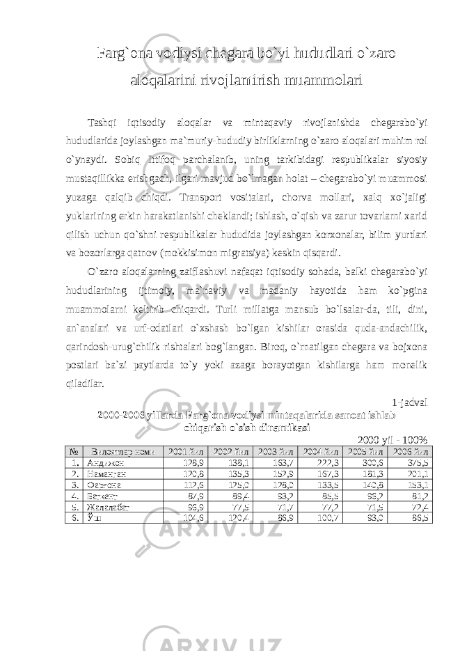 Farg`ona vodiysi chegara bo`yi hududlari o`zaro aloqalarini rivojlantirish muammolari Tashqi iqtisodiy aloqalar va mintaqaviy rivojlanishda chegarabo`yi hududlarida joylashgan ma`muriy-hududiy birliklarning o`zaro aloqalari muhim rol o`ynaydi. Sobiq Ittifoq parchalanib, uning tarkibidagi respublikalar siyosiy mustaqillikka erishgach, ilgari mavjud bo`lmagan holat – chegarabo`yi muammosi yuzaga qalqib chiqdi. Transport vositalari, chorva mollari, xalq xo`jaligi yuklarining erkin harakatlanishi cheklandi; ishlash, o`qish va zarur tovarlarni xarid qilish uchun qo`shni respublikalar hududida joylashgan korxonalar, bilim yurtlari va bozorlarga qatnov (mokkisimon migratsiya) keskin qisqardi. O`zaro aloqalarning zaiflashuvi nafaqat iqtisodiy sohada, balki chegarabo`yi hududlarining ijtimoiy, ma`naviy va madaniy hayotida ham ko`pgina muammolarni keltirib chiqardi. Turli millatga mansub bo`lsalar-da, tili, dini, an`analari va urf-odatlari o`xshash bo`lgan kishilar orasida quda-andachilik, qarindosh-urug`chilik rishtalari bog`langan. Biroq, o`rnatilgan chegara va bojxona postlari ba`zi paytlarda to`y yoki azaga borayotgan kishilarga ham monelik qiladilar. 1-jadval 2000-2006 yillarda Farg`ona vodiysi mintaqalarida sanoat ishlab chiqarish o`sish dinamikasi 2000 yil - 100% № Вилоятлар номи 2001 йил 2002 йил 2003 йил 2004 йил 2005 йил 2006 йил 1 . Андижон 128,9 138,1 163,7 222,3 300,6 375,5 2. Наманган 120,8 135,3 152,9 167,3 181,3 201,1 3. Фарғона 112,6 125,0 128,0 133,5 140,8 153,1 4. Баткент 87,9 89,4 93,2 85,5 96,2 81,2 5. Жалалабат 96,9 77,5 71,7 77,2 71,5 72,4 6. Ўш 104,6 120,4 86,9 100,7 93,0 86,5 