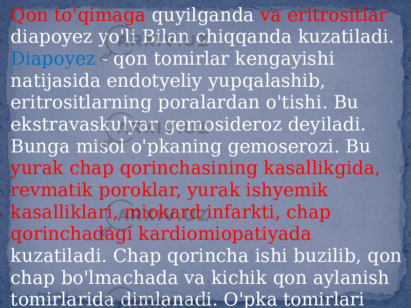 Qon to&#39;qimaga quyilganda va eritrositlar diapoyez yo&#39;li Bilan chiqqanda kuzatiladi. Diapoyez - qon tomirlar kengayishi natijasida endotyeliy yupqalashib, eritrositlarning poralardan o&#39;tishi. Bu ekstravaskulyar gemosideroz deyiladi. Bunga misol o&#39;pkaning gemoserozi. Bu yurak chap qorinchasining kasallikgida, revmatik poroklar, yurak ishyemik kasalliklari, miokard infarkti, chap qorinchadagi kardiomiopatiyada kuzatiladi. Chap qorincha ishi buzilib, qon chap bo&#39;lmachada va kichik qon aylanish tomirlarida dimlanadi. O&#39;pka tomirlari kengayib, o&#39;tkazuvchanligi oshadi. Eritrositlar diapoyez yo&#39;li Bilan o&#39;pka to&#39;qimasiga quyiladi 