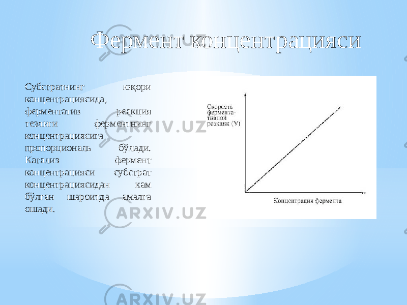 Фермент концентрацияси Субстратнинг юқори концентрациясида, ферментатив реакция тезлиги ферментнинг концентрациясига пропорциональ бўлади. Катализ фермент концентрацияси субстрат концентрациясидан кам бўлган шароитда амалга ошади. 