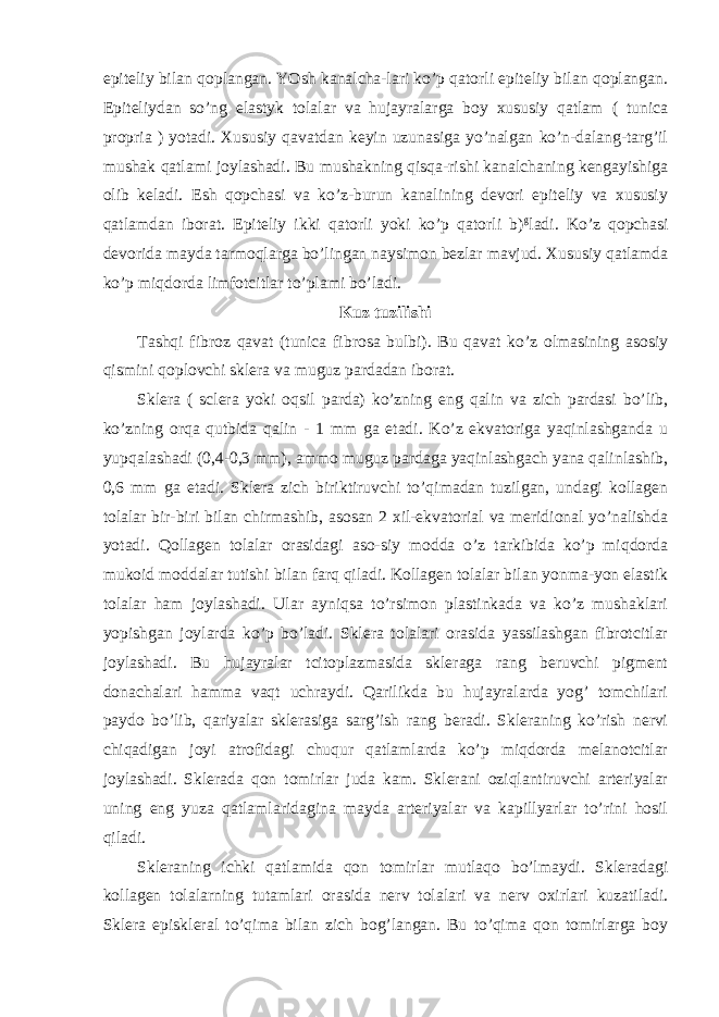 epiteliy bilan qoplangan. YOsh kanalcha-lari ko’p qatorli epiteliy bilan qoplangan. Epiteliydan so’ng elastyk tolalar va hujayralarga boy xususiy qatlam ( tunica propria ) yotadi. Xususiy qavatdan keyin uzunasiga yo’nalgan ko’n-dalang-targ’il mushak qatlami joylashadi. Bu mushakning qisqa-rishi kanalchaning kengayishiga olib keladi. Esh qopchasi va ko’z-burun kanalining devori epiteliy va xususiy qatlamdan iborat. Epiteliy ikki qatorli yoki ko’p qatorli b) g ladi. Ko’z qopchasi devorida mayda tarmoqlarga bo’lingan naysimon bezlar mavjud. Xususiy qatlamda ko’p miqdorda limfotcitlar to’plami bo’ladi. Kuz tuzilishi Tashqi fibroz qavat (tunica fibrosa bulbi). Bu qavat ko’z olmasining asosiy qismini qoplovchi sklera va muguz pardadan iborat. Sklera ( sclera yoki oqsil parda) ko’zning eng qalin va zich pardasi bo’lib, ko’zning orqa qutbida qalin - 1 mm ga etadi. Ko’z ekvatoriga yaqinlashganda u yupqalashadi (0,4-0,3 mm), ammo muguz pardaga yaqinlashgach yana qalinlashib, 0,6 mm ga etadi. Sklera zich biriktiruvchi to’qimadan tuzilgan, undagi kollagen tolalar bir-biri bilan chirmashib, asosan 2 xil-ekvatorial va meridional yo’nalishda yotadi. Qollagen tolalar orasidagi aso-siy modda o’z tarkibida ko’p miqdorda mukoid moddalar tutishi bilan farq qiladi. Kollagen tolalar bilan yonma-yon elastik tolalar ham joylashadi. Ular ayniqsa to’rsimon plastinkada va ko’z mushaklari yopishgan joylarda ko’p bo’ladi. Sklera tolalari orasida yassilashgan fibrotcitlar joylashadi. Bu hujayralar tcitoplazmasida skleraga rang beruvchi pigment donachalari hamma vaqt uchraydi. Qarilikda bu hujayralarda yog’ tomchilari paydo bo’lib, qariyalar sklerasiga sarg’ish rang beradi. Skleraning ko’rish nervi chiqadigan joyi atrofidagi chuqur qatlamlarda ko’p miqdorda melanotcitlar joylashadi. Sklerada qon tomirlar juda kam. Sklerani oziqlantiruvchi arteriyalar uning eng yuza qatlamlaridagina mayda arteriyalar va kapillyarlar to’rini hosil qiladi. Skleraning ichki qatlamida qon tomirlar mutlaqo bo’lmaydi. Skleradagi kollagen tolalarning tutamlari orasida nerv tolalari va nerv oxirlari kuzatiladi. Sklera episkleral to’qima bilan zich bog’langan. Bu to’qima qon tomirlarga boy 