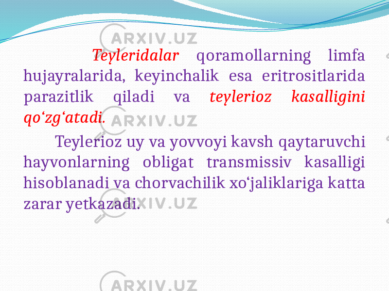  Teyleridalar qoramollarning limfa hujayralarida, keyinchalik esa eritrositlarida parazitlik qiladi va teylerioz kasalligini qo‘zg‘atadi. Teylerioz uy va yovvoyi kavsh qaytaruvchi hayvonlarning obligat transmissiv kasalligi hisoblanadi va chorvachilik xo‘jaliklariga katta zarar yetkazadi. 