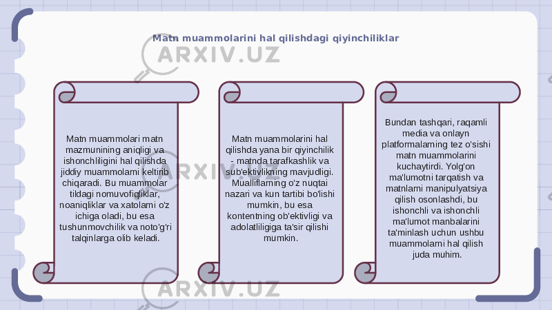 Matn muammolarini hal qilishdagi qiyinchiliklar Matn muammolari matn mazmunining aniqligi va ishonchliligini hal qilishda jiddiy muammolarni keltirib chiqaradi. Bu muammolar tildagi nomuvofiqliklar, noaniqliklar va xatolarni o&#39;z ichiga oladi, bu esa tushunmovchilik va noto&#39;g&#39;ri talqinlarga olib keladi. Matn muammolarini hal qilishda yana bir qiyinchilik - matnda tarafkashlik va sub&#39;ektivlikning mavjudligi. Mualliflarning o&#39;z nuqtai nazari va kun tartibi bo&#39;lishi mumkin, bu esa kontentning ob&#39;ektivligi va adolatliligiga ta&#39;sir qilishi mumkin. Bundan tashqari, raqamli media va onlayn platformalarning tez o&#39;sishi matn muammolarini kuchaytirdi. Yolg&#39;on ma&#39;lumotni tarqatish va matnlarni manipulyatsiya qilish osonlashdi, bu ishonchli va ishonchli ma&#39;lumot manbalarini ta&#39;minlash uchun ushbu muammolarni hal qilish juda muhim. 