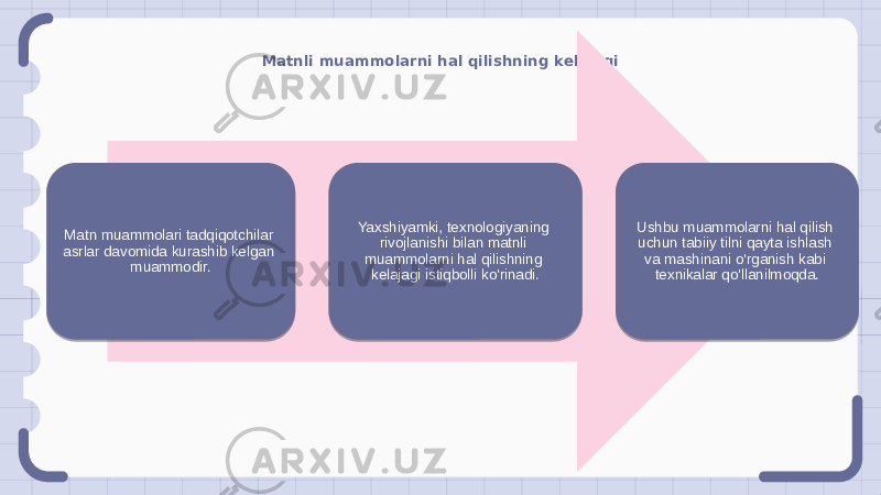 Matnli muammolarni hal qilishning kelajagi Matn muammolari tadqiqotchilar asrlar davomida kurashib kelgan muammodir. Yaxshiyamki, texnologiyaning rivojlanishi bilan matnli muammolarni hal qilishning kelajagi istiqbolli ko&#39;rinadi. Ushbu muammolarni hal qilish uchun tabiiy tilni qayta ishlash va mashinani o&#39;rganish kabi texnikalar qo&#39;llanilmoqda. 