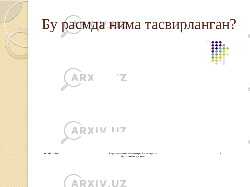 Бу расмда нима тасвирланган?02.08.2006 3 кунлик ШАМ Семинари 3-машғулот кўргазмали қуроли 9 