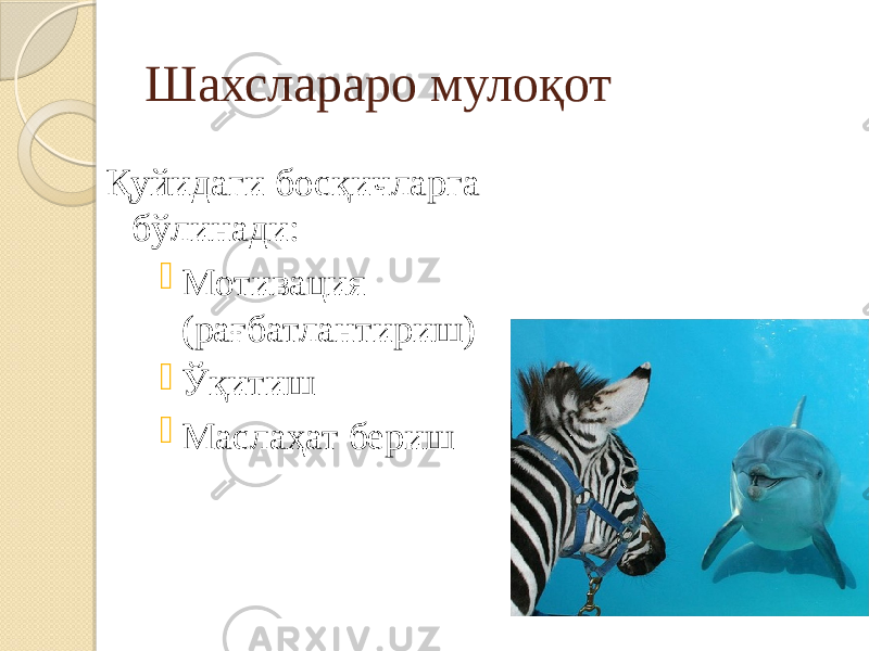 Шахслараро мулоқот Қуйидаги босқичларга бўлинади:  Мотивация (рағбатлантириш)  Ўқитиш  Маслаҳат бериш 