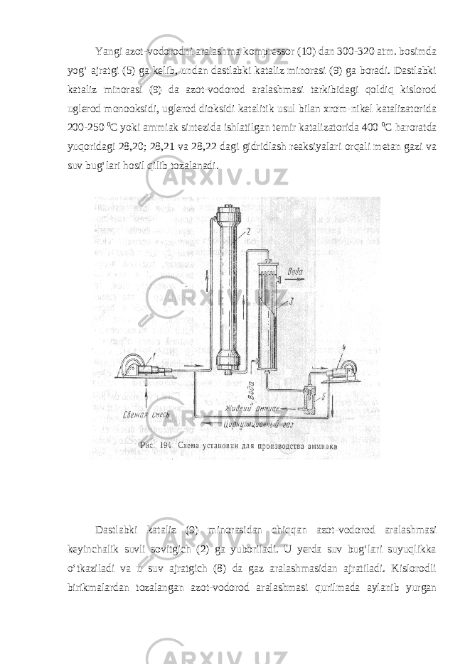 Yangi azot-vodorodni aralashma kompressor (10) dan 300-320 atm. bosimda yog‘ ajratgi (5) ga kelib, undan dastlabki kataliz minorasi (9) ga boradi. Dastlabki kataliz minorasi (9) da azot-vodorod aralashmasi tarkibidagi qoldiq kislorod uglerod monooksidi, uglerod dioksidi katalitik usul bilan xrom-nikel katalizatorida 200-250 0 С yoki ammiak sintezida ishlatilgan temir katalizatorida 400 0 С haroratda yuqoridagi 28,20; 28,21 va 28,22 dagi gidridlash reaksiyalari orqali metan gazi va suv bug‘lari hosil qilib tozalanadi. Dastlabki kataliz (9) minorasidan chiqqan azot-vodorod aralashmasi keyinchalik suvli sovitgich (2) ga yuboriladi. U yerda suv bug‘lari suyuqlikka o‘tkaziladi va u suv ajratgich (8) da gaz aralashmasidan ajratiladi. Kislorodli birikmalardan tozalangan azot-vodorod aralashmasi qurilmada aylanib yurgan 