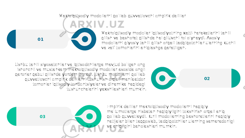 Makroiqtisodiy modellarni qo&#39;llab-quvvatlovchi empirik dalillar Makroiqtisodiy modellar iqtisodiyotning xatti-harakatlarini tahlil qilish va bashorat qilishda hal qiluvchi rol o&#39;ynaydi. Asosiy modellarni qiyosiy tahlil qilish orqali tadqiqotchilar ularning kuchli va zaif tomonlarini aniqlashga qaratilgan.01 Empirik dalillar makroiqtisodiy modellarni haqiqiy ma&#39;lumotlarga nisbatan haqiqiyligini tekshirish orqali aniq qo&#39;llab-quvvatlaydi. Turli modellarning bashoratlarini haqiqiy natijalar bilan taqqoslab, tadqiqotchilar ularning samaradorligi va aniqligini baholashlari mumkin.03 02Ushbu tahlil siyosatchilar va iqtisodchilarga mavjud bo&#39;lgan eng ishonchli va mustahkam makroiqtisodiy modellar asosida ongli qarorlar qabul qilishda yordam beradi. Ushbu modellarni qo&#39;llab- quvvatlovchi empirik dalillarni tushunish orqali manfaatdor tomonlar iqtisodiy tendentsiyalar va dinamika haqidagi tushunchalarini yaxshilashlari mumkin. 