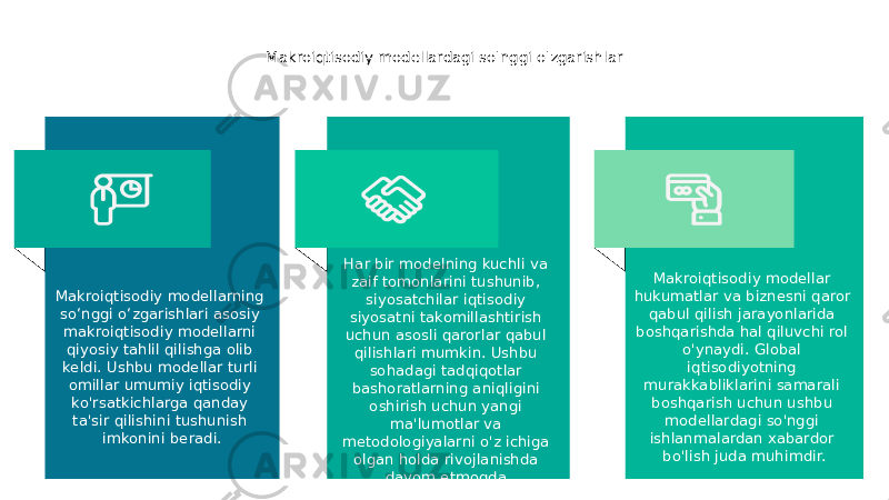 Makroiqtisodiy modellardagi so&#39;nggi o&#39;zgarishlar Makroiqtisodiy modellarning so‘nggi o‘zgarishlari asosiy makroiqtisodiy modellarni qiyosiy tahlil qilishga olib keldi. Ushbu modellar turli omillar umumiy iqtisodiy ko&#39;rsatkichlarga qanday ta&#39;sir qilishini tushunish imkonini beradi. Har bir modelning kuchli va zaif tomonlarini tushunib, siyosatchilar iqtisodiy siyosatni takomillashtirish uchun asosli qarorlar qabul qilishlari mumkin. Ushbu sohadagi tadqiqotlar bashoratlarning aniqligini oshirish uchun yangi ma&#39;lumotlar va metodologiyalarni o&#39;z ichiga olgan holda rivojlanishda davom etmoqda. Makroiqtisodiy modellar hukumatlar va biznesni qaror qabul qilish jarayonlarida boshqarishda hal qiluvchi rol o&#39;ynaydi. Global iqtisodiyotning murakkabliklarini samarali boshqarish uchun ushbu modellardagi so&#39;nggi ishlanmalardan xabardor bo&#39;lish juda muhimdir. 