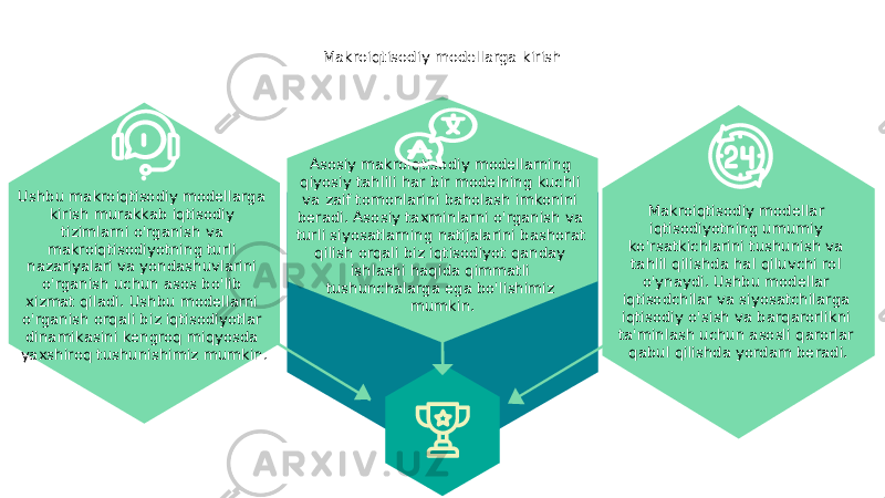 Makroiqtisodiy modellarga kirish Makroiqtisodiy modellar iqtisodiyotning umumiy ko&#39;rsatkichlarini tushunish va tahlil qilishda hal qiluvchi rol o&#39;ynaydi. Ushbu modellar iqtisodchilar va siyosatchilarga iqtisodiy o&#39;sish va barqarorlikni ta&#39;minlash uchun asosli qarorlar qabul qilishda yordam beradi.Asosiy makroiqtisodiy modellarning qiyosiy tahlili har bir modelning kuchli va zaif tomonlarini baholash imkonini beradi. Asosiy taxminlarni o&#39;rganish va turli siyosatlarning natijalarini bashorat qilish orqali biz iqtisodiyot qanday ishlashi haqida qimmatli tushunchalarga ega bo&#39;lishimiz mumkin.Ushbu makroiqtisodiy modellarga kirish murakkab iqtisodiy tizimlarni o&#39;rganish va makroiqtisodiyotning turli nazariyalari va yondashuvlarini o&#39;rganish uchun asos bo&#39;lib xizmat qiladi. Ushbu modellarni o&#39;rganish orqali biz iqtisodiyotlar dinamikasini kengroq miqyosda yaxshiroq tushunishimiz mumkin. 