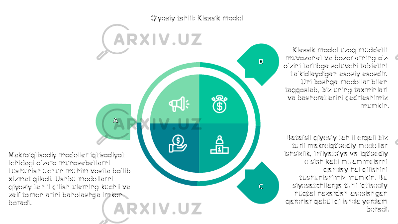 Qiyosiy tahlil: Klassik model A Makroiqtisodiy modellar iqtisodiyot ichidagi o&#39;zaro munosabatlarni tushunish uchun muhim vosita bo&#39;lib xizmat qiladi. Ushbu modellarni qiyosiy tahlil qilish ularning kuchli va zaif tomonlarini baholashga imkon beradi. B Klassik model uzoq muddatli muvozanat va bozorlarning o&#39;z- o&#39;zini tartibga soluvchi tabiatini ta&#39;kidlaydigan asosiy asosdir. Uni boshqa modellar bilan taqqoslab, biz uning taxminlari va bashoratlarini qadrlashimiz mumkin. C Batafsil qiyosiy tahlil orqali biz turli makroiqtisodiy modellar ishsizlik, inflyatsiya va iqtisodiy o&#39;sish kabi muammolarni qanday hal qilishini tushunishimiz mumkin. Bu siyosatchilarga turli iqtisodiy nuqtai nazardan asoslangan qarorlar qabul qilishda yordam beradi. 