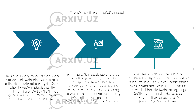 Qiyosiy tahlil: Monetaristik model Makroiqtisodiy modellar iqtisodiy hodisalarni tushunish va bashorat qilishda asosiy rol o&#39;ynaydi. Ushbu slayd asosiy makroiqtisodiy modellarni qiyosiy tahlil qilishga qaratilgan bo&#39;lib, Monetaristik modelga alohida urg&#39;u beradi. Monetaristik model kabi turli xil makroiqtisodiy modellarni taqqoslash orqali tadqiqotchilar va siyosatchilar har bir yondashuvning kuchli va zaif tomonlari haqida tushunchaga ega bo&#39;lishlari mumkin. Bu ko&#39;proq ma&#39;lumotli qaror qabul qilish jarayoniga imkon beradi.Monetaristik model, xususan, pul- kredit siyosatining iqtisodiy natijalarga ta&#39;sir etishdagi ahamiyatini ta&#39;kidlaydi. Ushbu modelni tushunish pul taklifidagi o&#39;zgarishlar iqtisodiyotga qanday ta&#39;sir qilishi haqida qimmatli istiqbollarni taqdim etishi mumkin. 