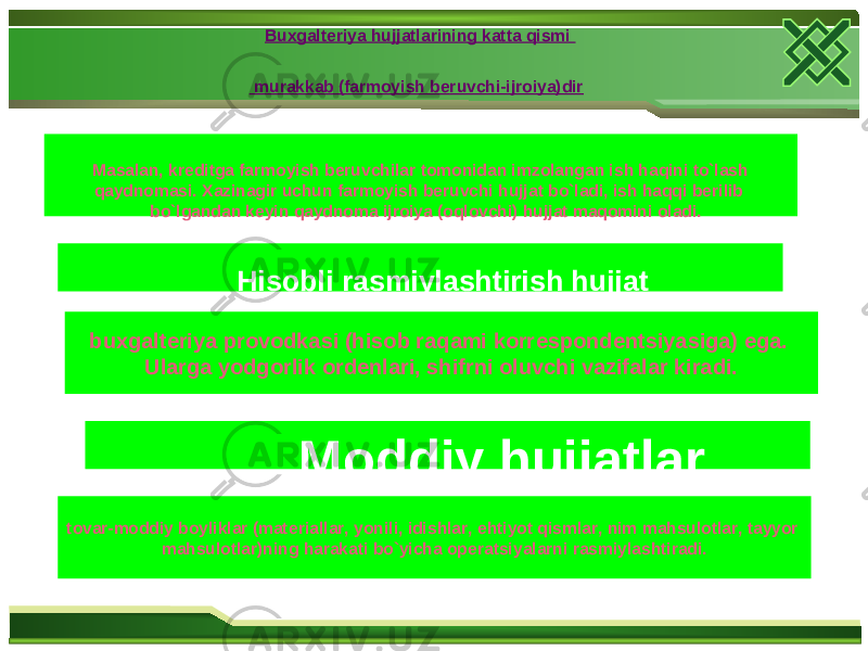 Buxgalt е riya hujjatlarining katta qismi murakkab (farmoyish b е ruvchi-ijroiya)dir Masalan, kr е ditga farmoyish b е ruvchilar tomonidan imzolangan ish haqini to`lash qaydnomasi. Xazinagir uchun farmoyish b е ruvchi hujjat bo`ladi, ish haqqi b е rilib bo`lgandan k е yin qaydnoma ijroiya (oqlovchi) hujjat maqomini oladi. Hisobli rasmiylashtirish hujjat buxgalt е riya provodkasi (hisob raqami korr е spond е ntsiyasiga) ega. Ularga yodgorlik ord е nlari, shifrni oluvchi vazifalar kiradi. Moddiy hujjatlar tovar-moddiy boyliklar (mat е riallar, yonili, idishlar, ehtiyot qismlar, nim mahsulotlar, tayyor mahsulotlar)ning harakati bo`yicha op е ratsiyalarni rasmiylashtiradi. 