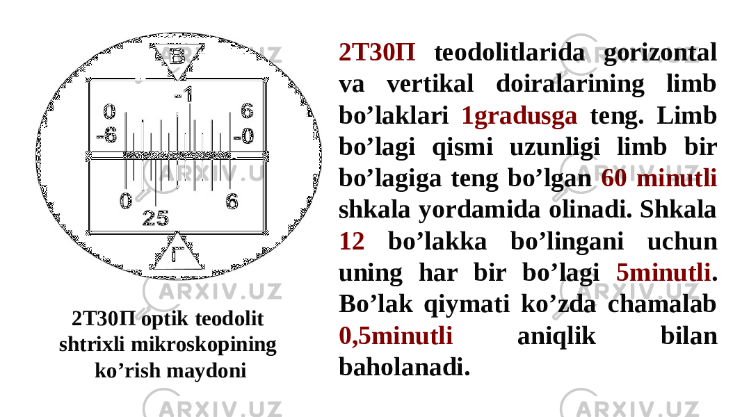 2T30П teodolitlarida gorizontal va vertikal doiralarining limb bo’laklari 1gradusga teng. Limb bo’lagi qismi uzunligi limb bir bo’lagiga teng bo’lgan 60 minutli shkala yordamida olinadi. Shkala 12 bo’lakka bo’lingani uchun uning har bir bo’lagi 5minutli . Bo’lak qiymati ko’zda chamalab 0,5minutli aniqlik bilan baholanadi. 2T30П optik teodolit shtrixli mikroskopining ko’rish maydoni 