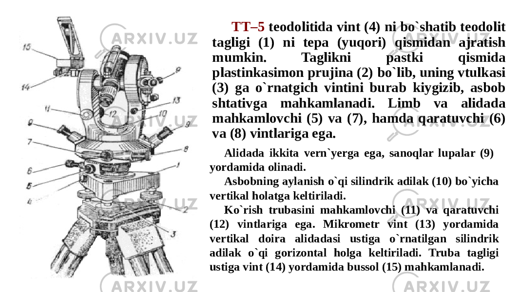 TT–5 teodolitida vint (4) ni bo`shatib teodolit tagligi (1) ni tepa (yuqori) qismidan ajratish mumkin. Taglikni pastki qismida plastinkasimon prujina (2) bo`lib, uning vtulkasi (3) ga o`rnatgich vintini burab kiygizib, asbob shtativga mahkamlanadi. Limb va alidada mahkamlovchi (5) va (7), hamda qaratuvchi (6) va (8) vintlariga ega. Alidada ikkita vern`yerga ega, sanoqlar lupalar (9) yordamida olinadi. Asbobning aylanish o`qi silindrik adilak (10) bo`yicha vertikal holatga keltiriladi. Ko`rish trubasini mahkamlovchi (11) va qaratuvchi (12) vintlariga ega. Mikrometr vint (13) yordamida vertikal doira alidadasi ustiga o`rnatilgan silindrik adilak o`qi gorizontal holga keltiriladi. Truba tagligi ustiga vint (14) yordamida bussol (15) mahkamlanadi. 