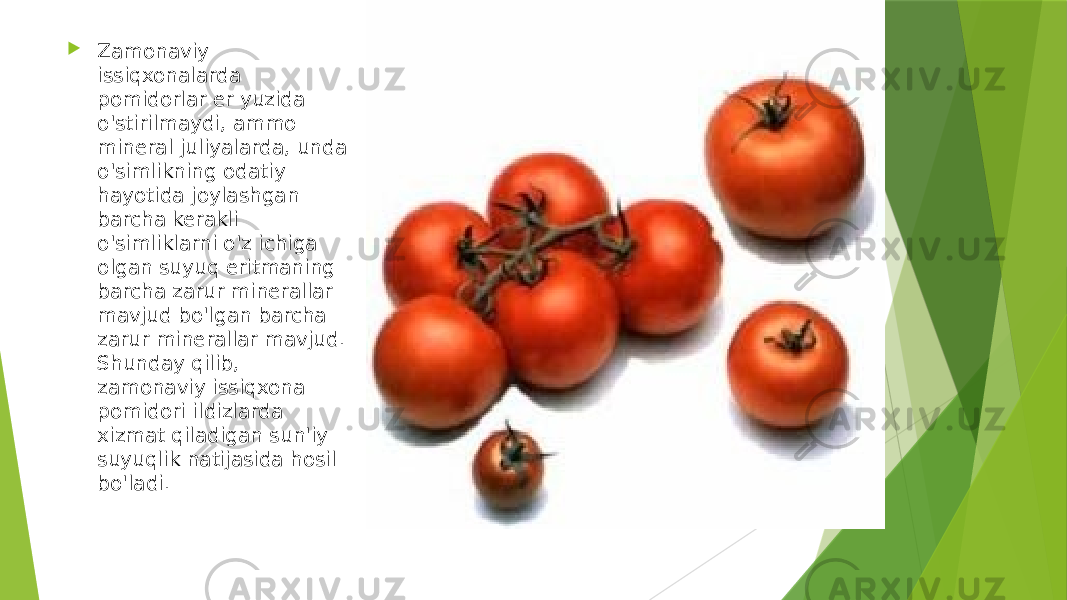  Zamonaviy issiqxonalarda pomidorlar er yuzida o&#39;stirilmaydi, ammo mineral juliyalarda, unda o&#39;simlikning odatiy hayotida joylashgan barcha kerakli o&#39;simliklarni o&#39;z ichiga olgan suyuq eritmaning barcha zarur minerallar mavjud bo&#39;lgan barcha zarur minerallar mavjud. Shunday qilib, zamonaviy issiqxona pomidori ildizlarda xizmat qiladigan sun&#39;iy suyuqlik natijasida hosil bo&#39;ladi. 