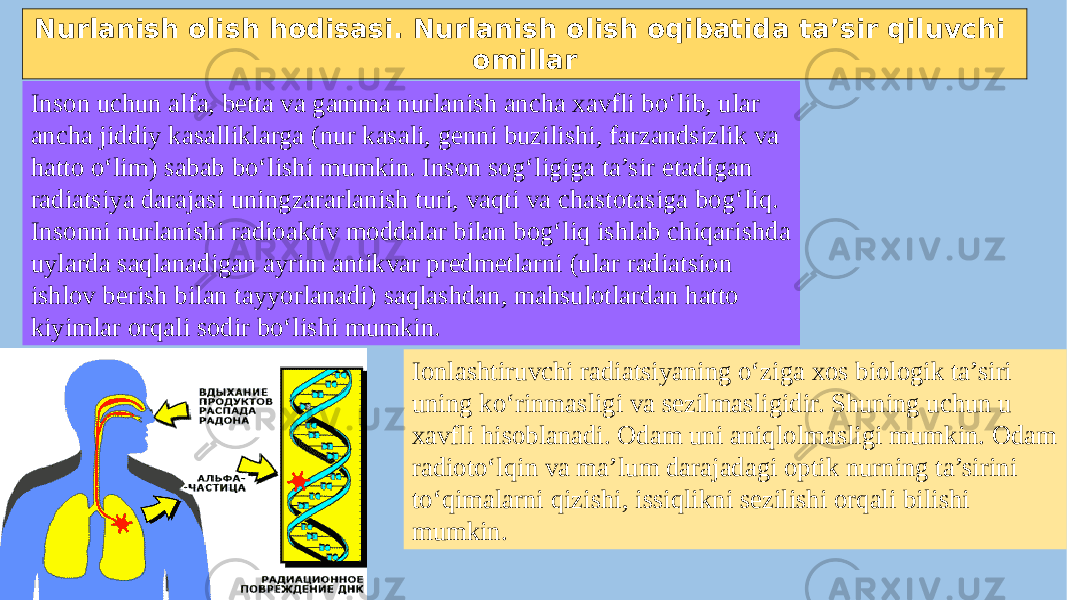 Nurlanish olish hodisasi. Nurlanish olish oqibatida ta’sir qiluvchi omillar Inson uchun alfa, betta va gamma nurlanish ancha xavfli bo‘lib, ular ancha jiddiy kasalliklarga (nur kasali, genni buzilishi, farzandsizlik va hatto o‘lim) sabab bo‘lishi mumkin. Inson sog‘ligiga ta’sir etadigan radiatsiya darajasi uningzararlanish turi, vaqti va chastotasiga bog‘liq. Insonni nurlanishi radioaktiv moddalar bilan bog‘liq ishlab chiqarishda uylarda saqlanadigan ayrim antikvar predmetlarni (ular radiatsion ishlov berish bilan tayyorlanadi) saqlashdan, mahsulotlardan hatto kiyimlar orqali sodir bo‘lishi mumkin. Ionlashtiruvchi radiatsiyaning o‘ziga xos biologik ta’siri uning ko‘rinmasligi va sezilmasligidir. Shuning uchun u xavfli hisoblanadi. Odam uni aniqlolmasligi mumkin. Odam radioto‘lqin va ma’lum darajadagi optik nurning ta’sirini to‘qimalarni qizishi, issiqlikni sezilishi orqali bilishi mumkin. 