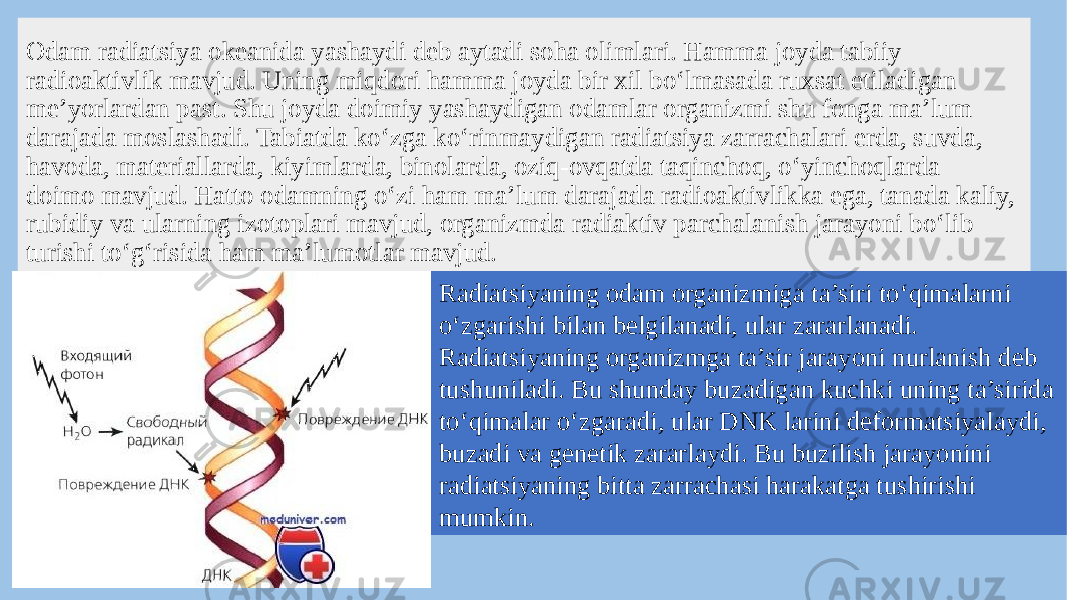 Odam radiatsiya okeanida yashaydi deb aytadi soha olimlari. Hamma joyda tabiiy radioaktivlik mavjud. Uning miqdori hamma joyda bir xil bo‘lmasada ruxsat etiladigan me’yorlardan past. Shu joyda doimiy yashaydigan odamlar organizmi shu fonga ma’lum darajada moslashadi. Tabiatda ko‘zga ko‘rinmaydigan radiatsiya zarrachalari erda, suvda, havoda, materiallarda, kiyimlarda, binolarda, oziq-ovqatda taqinchoq, o‘yinchoqlarda doimo mavjud. Hatto odamning o‘zi ham ma’lum darajada radioaktivlikka ega, tanada kaliy, rubidiy va ularning izotoplari mavjud, organizmda radiaktiv parchalanish jarayoni bo‘lib turishi to‘g‘risida ham ma’lumotlar mavjud. Radiatsiyaning odam organizmiga ta’siri to‘qimalarni o‘zgarishi bilan belgilanadi, ular zararlanadi. Radiatsiyaning organizmga ta’sir jarayoni nurlanish deb tushuniladi. Bu shunday buzadigan kuchki uning ta’sirida to‘qimalar o‘zgaradi, ular DNK larini deformatsiyalaydi, buzadi va genetik zararlaydi. Bu buzilish jarayonini radiatsiyaning bitta zarrachasi harakatga tushirishi mumkin. 