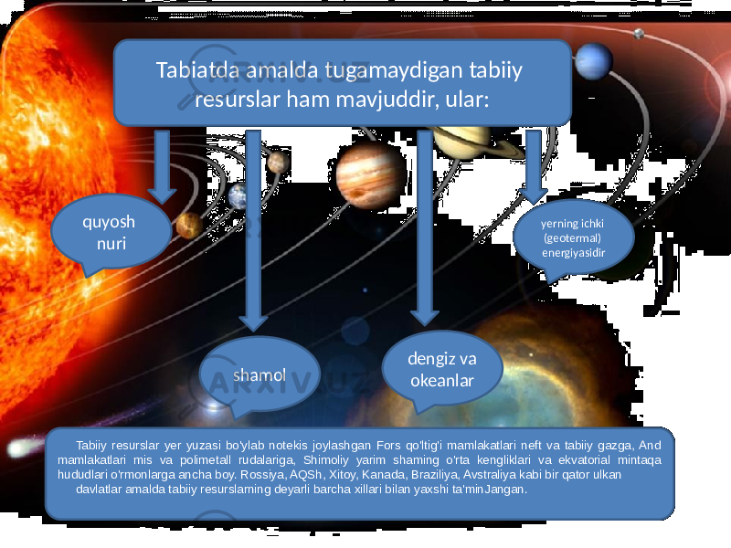 Tabiatda amalda tugamaydigan tabiiy resurslar ham mavjuddir, ular: quyosh nuri dengiz va okeanlarshamol yerning ichki (geotermal) energiyasidir Tabiiy resurslar yer yuzasi bo&#39;ylab notekis joylashgan Fors qo&#39;ltig&#39;i mamlakatlari neft va tabiiy gazga, And mamlakatlari mis va polimetall rudalariga, Shimoliy yarim shaming o&#39;rta kengliklari va ekvatorial mintaqa hududlari o&#39;rmonlarga ancha boy. Rossiya, AQSh, Xitoy, Kanada, Braziliya, Avstraliya kabi bir qator ulkan davlatlar amalda tabiiy resurslarning deyarli barcha xillari bilan yaxshi ta&#39;minJangan. 