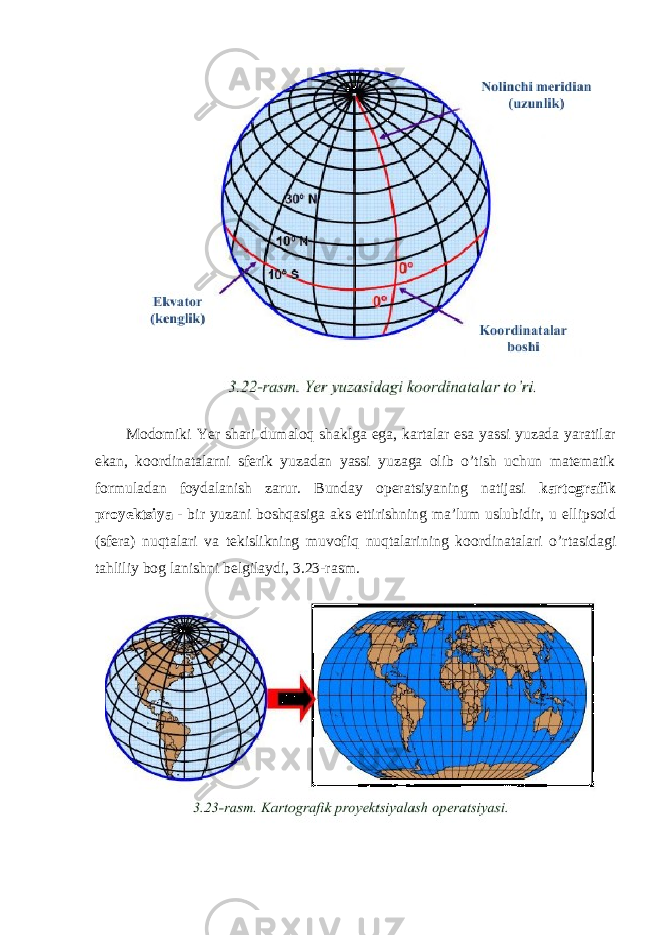 Modomiki Yer shari dumaloq shaklga ega, kartalar esa yassi yuzada yaratilar ekan, koordinatalarni sferik yuzadan yassi yuzaga olib o’tish uchun matematik formuladan foydalanish zarur. Bunday operatsiyaning natijasi kartografik proyektsiya - bir yuzani boshqasiga aks ettirishning ma ’ lum uslubidir , u ellipsoid ( sfera ) nuqtalari va tekislikning muvofiq nuqtalarining koordinatalari o ’ rtasidagi tahliliy bog lanishni belgilaydi , 3.23- rasm . 