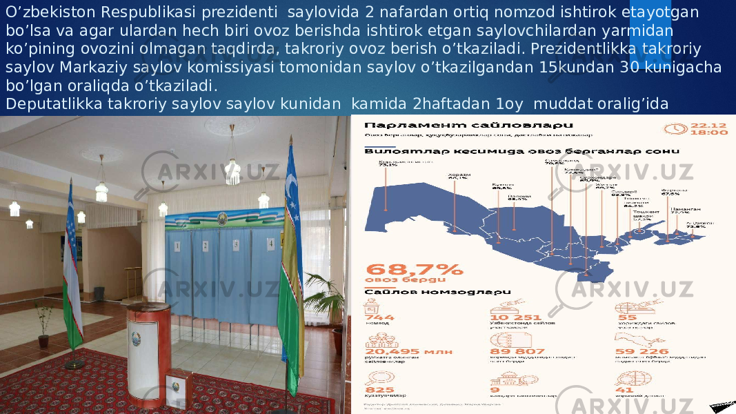 O’zbekiston Respublikasi prezidenti saylovida 2 nafardan ortiq nomzod ishtirok etayotgan bo’lsa va agar ulardan hech biri ovoz berishda ishtirok etgan saylovchilardan yarmidan ko’pining ovozini olmagan taqdirda, takroriy ovoz berish o’tkaziladi. Prezidentlikka takroriy saylov Markaziy saylov komissiyasi tomonidan saylov o’tkazilgandan 15kundan 30 kunigacha bo’lgan oraliqda o’tkaziladi. Deputatlikka takroriy saylov saylov kunidan kamida 2haftadan 1oy muddat oralig’ida o’tkaziladi. 