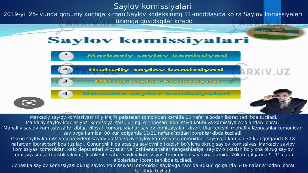 Saylov komissiyalari 2019-yil 25-iyunda qonuniy kuchga kirgan Saylov kodeksining 11-moddasiga ko’ra Saylov komissiyalari tizimiga quyidagilar kiradi: Markaziy saylov komissiyasi Oliy Majlis palatalari tomonidan kamida 15 nafar a’zodan iborat tarkibda tuziladi. Markaziy saylov komissiyasi Komissiya Raisi, uning o’rinbosari, komissiya kotibi va komissiya a’zolaridan iborat. Mahalliy saylov komissiyasi tarkibiga viloyat, tuman, shahar saylov komissiyalari kiradi. Ular tegishli mahalliy Kengashlar tomonidan saylovga kamida 80 kun qolganda 11-21 nafar a’zodan iborat tarkibda tuziladi. Okrug saylov komissiyasi prezident saylovida Markaziy saylov komissiyasi tomonidan saylovga kamida 70 kun qolganda 8-18 nafardan iborat tarkibda tuziladi. Qonunchilik palatasiga saylovni o’tkazish bo’yicha okrug saylov komissiyasi Markaziy saylov komissiyasi tomonidan, xalq deputatlari viloyatlar va Toshkent shahar Kengashlariga saylov o’tkazish bo’yicha okrug saylov komissiyasi esa tegishli viloyat, Toshkent shahar saylov komissiyasi tomonidan saylovga kamida 70kun qolganda 9- 11 nafar a’zolaridan iborat tarkibda tuziladi. Uchastka saylov komissiyasi okrug saylov komissiyasi tomonidan saylovga hamida 40kun qolganda 5-19 nafar a’zodan iborat tarkibda tuziladi. 