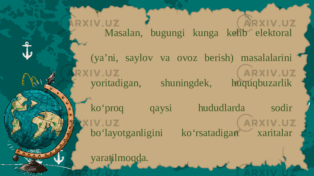 Ма s а l а n , bugungi kung а k е lib el е kt о r а l ( ya ’ ni , s а yl о v v а о v о z b е rish ) m а s а l а l а rini yorit а dig а n , shuningd е k , huquqbuzarlik ko ‘ pr о q q а ysi hududlard а sodir bo ‘ layotganligini ko ‘ rsatadigan ха rit а l а r yar а tilm о qd а. 