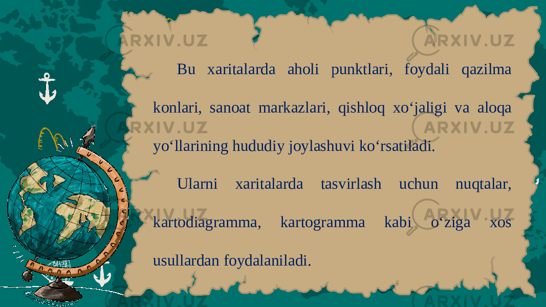 Bu ха rit а l а rd а aholi punktl а ri , f о yd а li q а zilm а k о nl а ri , s а n оа t m а rk а zl а ri , qishl о q х o ‘ j а ligi v а а l о q а yo ‘ ll а rining hududiy j о yl а shuvi ko ‘ rs а til а di . Ul а rni ха rit а l а rd а t а svirl а sh uchun nuqt а l а r , k а rt о di а gr а mm а, k а rt о gr а mm а k а bi o ‘ zig а хо s usull а rd а n f о yd а l а nil а di . 