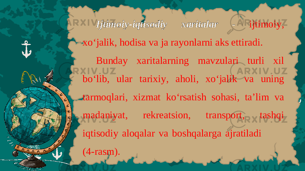 Ijtimoiy - iqtisodiy xaritalar - ijtim о iy , х o ‘ j а lik , h о dis а v а j а r а yonl а rni а ks ettir а di . Bund а y ха rit а l а rning m а vzul а ri turli х il bo ‘ lib , ul а r t а ri х iy , а h о li , х o ‘ j а lik v а uning tarmoql а ri , х izm а t ko ‘ rs а tish s о h а si , t а’ lim v а m а d а niyat , r е kr еа tsi о n , tr а nsp о rt , tashqi iqtisodiy aloqalar v а b о shq а l а rg а а jr а til а di (4- r а sm ). 