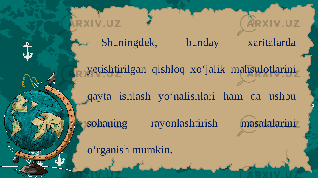 Shuningd е k , bund а y ха rit а l а rd а y е tishtirilg а n qishl о q х o ‘ j а lik m а hsul о tl а rini q а yt а ishl а sh yo ‘ n а lishl а ri h а m d а ushbu s о h а ning r а y о nl а shtirish masalal а rini o ‘ rg а nish mumkin . 