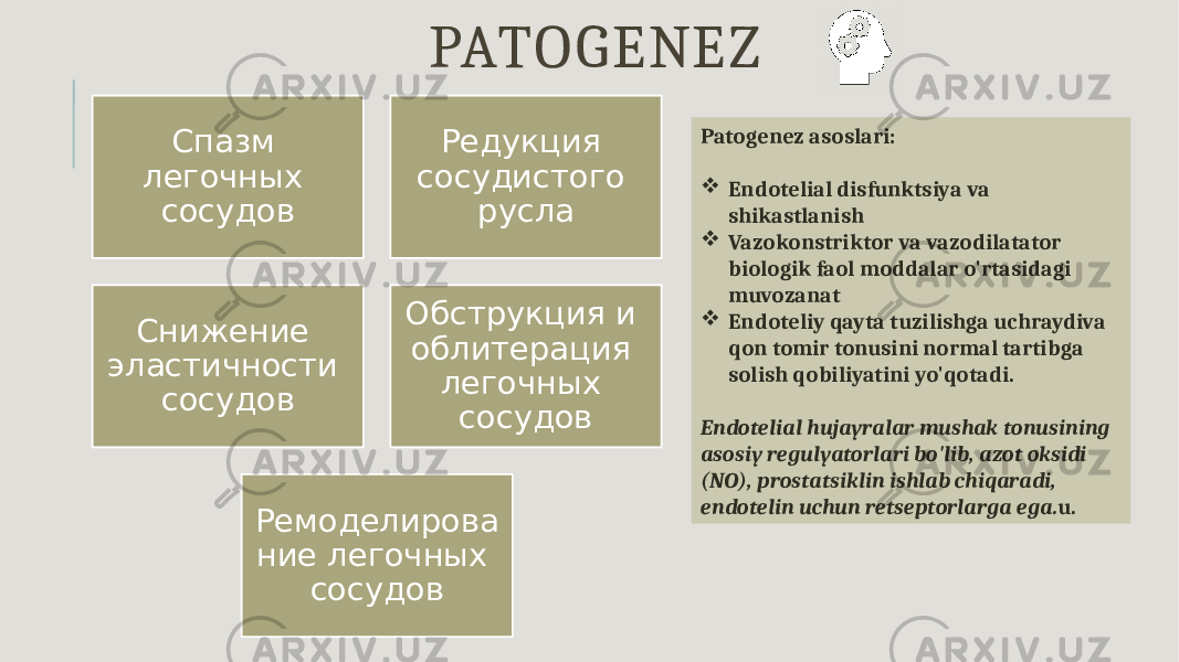 PATOGENEZ Спазм легочных сосудов Редукция сосудистого русла Снижение эластичности сосудов Обструкция и облитерация легочных сосудов Ремоделирова ние легочных сосудов Patogenez asoslari:  Endotelial disfunktsiya va shikastlanish  Vazokonstriktor va vazodilatator biologik faol moddalar o&#39;rtasidagi muvozanat  Endoteliy qayta tuzilishga uchraydiva qon tomir tonusini normal tartibga solish qobiliyatini yo&#39;qotadi. Endotelial hujayralar mushak tonusining asosiy regulyatorlari bo&#39;lib, azot oksidi (NO), prostatsiklin ishlab chiqaradi, endotelin uchun retseptorlarga ega. u. 