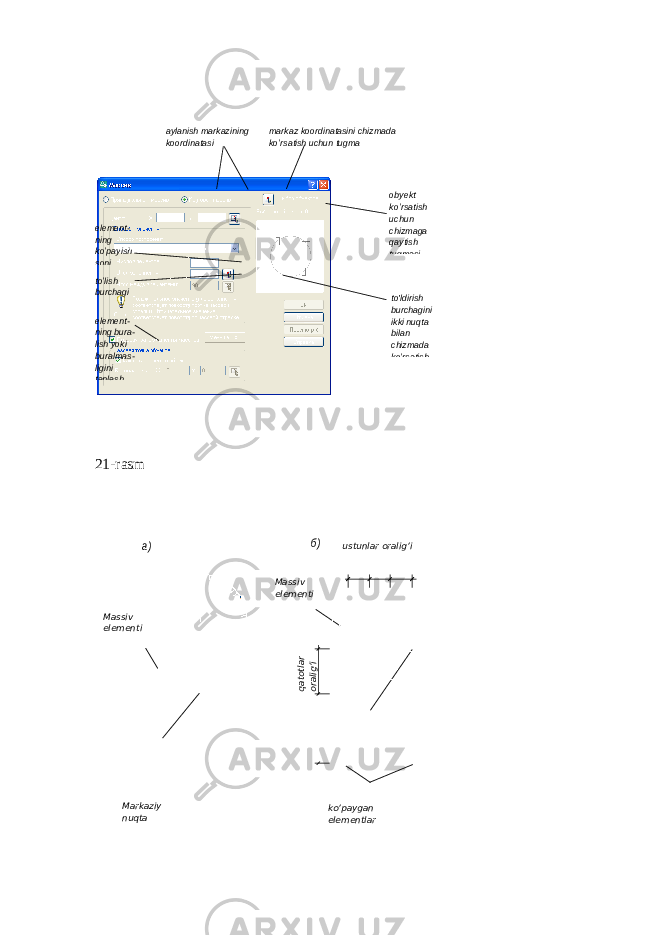 21-rasm obyekt ko’rsatish uchun chizmaga qaytish tugmasiaylanish markazining koordinatasi element - ning ko’payish soni to’lish burchagi element - ning bura - lish yoki buralmas - ligini tanlash markaz koordinatasini chizmada ko’rsatish uchun tugma to&#39;ldirish burchagini ikki nuqta bilan chizmada ko’rsatish Massiv elementi M arkaziy nuqta а) б) Massiv elementi ustunlar oralig’i qatotlar oralig’i ko’paygan elementlar 