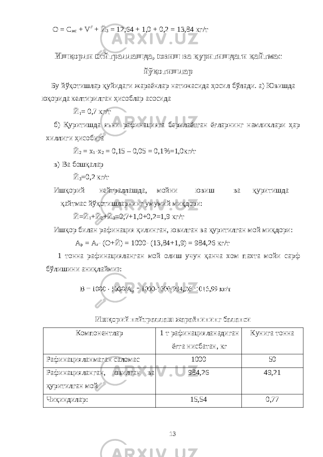 О = С жс + V // + Й 3 = 12,64 + 1,0 + 0,2 = 13,84 кг/т Ишқорли нейтраллашда, ювиш ва қуритишдаги қайтмас йўқотишлар Бу йўқотишлар қуйидаги жараёнлар натижасида ҳосил бўлади. а) Ювишда юқорида келтирилган ҳисоблар асосида Й 1 = 0,7 кг/т б) Қуритишда яъни рафинацияга берилаётган ёғларнинг намликлари ҳар хиллиги ҳисобига Й 2 = х 1 -х 2 = 0,15 – 0,05 = 0,1%=1,0кг/т в) Ва бошқалар Й 3 =0,2 кг/т Ишқорий нейтраллашда, мойни ювиш ва қуритишда қайтмас йўқотишларнинг умумий миқдори: Й=Й 1 +Й 2 +Й 3 =0,7+1,0+0,2=1,9 кг/т Ишқор билан рафинация қилинган, ювилган ва қуритилган мой миқдори: А р = А r - (О+Й) = 1000- (13,84+1,9) = 984,26 кг/т 1 тонна рафинацияланган мой олиш учун қанча хом пахта мойи сарф бўлишини аниқлаймиз: Ишқорий нейтраллаш жараёнининг баланси Компонентлар 1 т рафинацияланадиган ёғга нисбатан, кг Кунига тонна Рафинацияланмаган саломас 1000 50 Рафинацияланган, ювилган ва қуритилган мой 984,26 49,21 Чиқиндилар: 15,54 0,77 13 