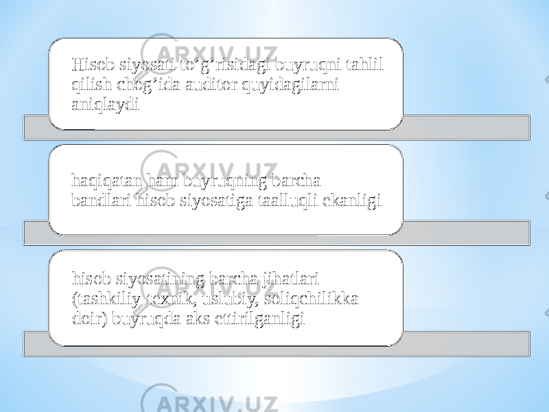 Hisob siyosati to’g’risidagi buyruqni tahlil qilish chog’ida auditor quyidagilarni aniqlaydi haqiqatan ham buyruqning barcha bandlari hisob siyosatiga taalluqli ekanligi hisob siyosatining barcha jihatlari (tashkiliy-texnik, uslubiy, soliqchilikka doir) buyruqda aks ettirilganligi 