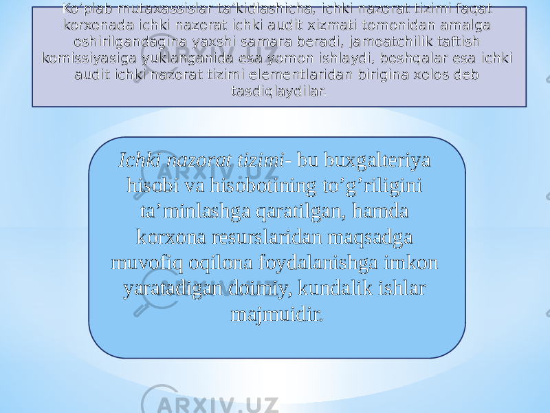 Ko’plab mutaxassislar ta’kidlashicha, ichki nazorat tizimi faqat korxonada ichki nazorat ichki audit xizmati tomonidan amalga oshirilgandagina yaxshi samara beradi, jamoatchilik taftish komissiyasiga yuklanganida esa yomon ishlaydi, boshqalar esa ichki audit ichki nazorat tizimi elementlaridan birigina xolos deb tasdiqlaydilar. Ichki nazorat tizimi- bu buxgalteriya hisobi va hisobotining to’g’riligini ta’minlashga qaratilgan, hamda korxona resurslaridan maqsadga muvofiq oqilona foydalanishga imkon yaratadigan doimiy, kundalik ishlar majmuidir. 