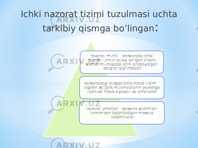 Ichki nazorat tizimi tuzulmasi uchta tarkibiy qismga bo’lingan : nazorat muhiti - korxonada ichki nazorat uchun qulay bo’lgan o’zaro xizmat munosabatlarini aniqlaydigan belgilar yig’indisidir korxonadagi buxgalterlik hisobi tizimi - tegishli xo’jalik muomalalarini yozishga taalluqli hisob siyosati va amallardir nazorat amallari - korxona xodimlari tomonidan bajariladigan maxsus tekshiruvlar 