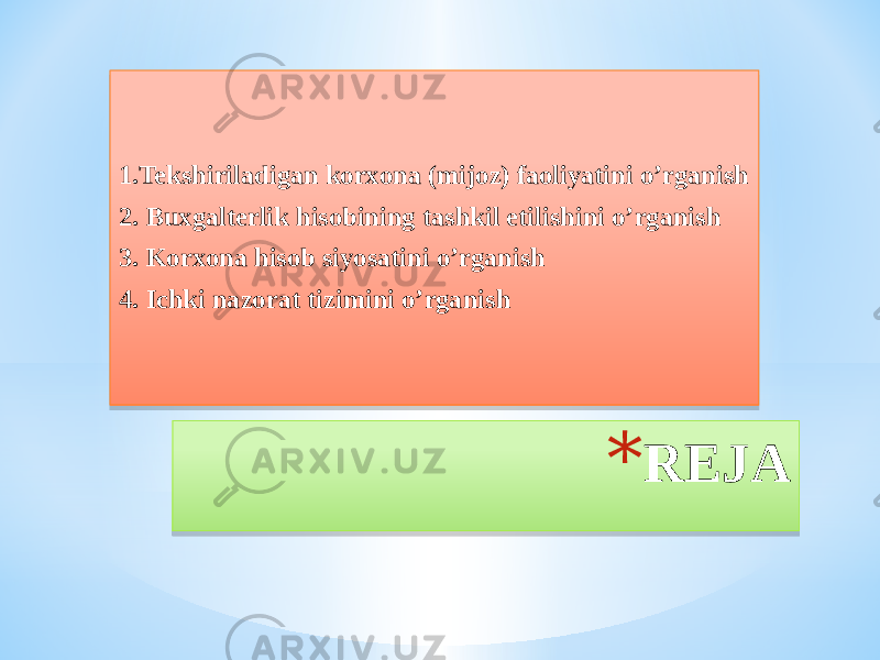 * REJA1.Tekshiriladigan korxona (mijoz) faoliyatini o’rganish 2. Buxgalterlik hisobining tashkil etilishini o’rganish 3. Korxona hisob siyosatini o’rganish 4. Ichki nazorat tizimini o’rganish01 18 1B1C 241C 261C 281C 