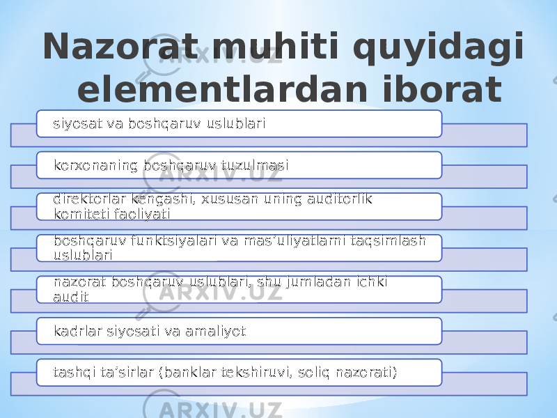 Nazorat muhiti quyidagi elementlardan iborat siyosat va boshqaruv uslublari korxonaning boshqaruv tuzulmasi direktorlar kengashi, xususan uning auditorlik komiteti faoliyati boshqaruv funktsiyalari va mas’uliyatlarni taqsimlash uslublari nazorat boshqaruv uslublari, shu jumladan ichki audit kadrlar siyosati va amaliyot tashqi ta’sirlar (banklar tekshiruvi, soliq nazorati) 