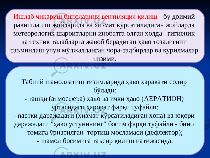 63Ишлаб чиқариш биноларини вентиляция қилиш - бу доимий равишда иш жойларида ва хизмат кўрсатиладиган жойларда метеорологик шароитларни инобатга олган холда гигиеник ва техник талабларга жавоб берадиган ҳаво тозалигини таъминлаш учун мўлжалланган чора-тадбирлар ва қурилмалар тизими. Табиий шамоллатиш тизимларида ҳаво ҳаракати содир бўлади: - ташқи (атмосфера) ҳаво ва ички ҳаво ( A ЕР A ТИОН) ўртасидаги ҳарорат фарқи туфайли; - пастки даражадаги (хизмат кўрсатиладиган хона) ва юқори даражадаги &#34;ҳаво устунининг&#34; босим фарқи туфайли - бино томига ўрнатилган тортиш мосламаси (дефлектор); - шамол босимига таъсир қилиш натижасида. 