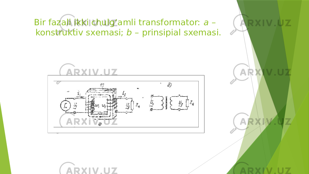  Bir fazali ikki chulg‘amli transformator: a – konstruktiv sxemasi; b – prinsipial sxemasi. 