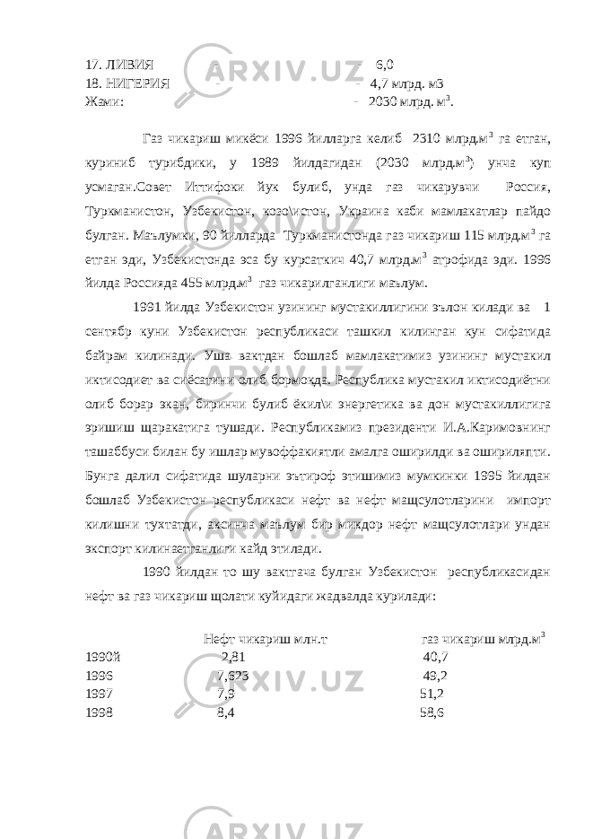 17. ЛИВИЯ - - 6,0 18. НИГЕРИЯ - - 4,7 млрд. м3 Жами: - 2030 млрд. м 3 . Газ чикариш микёси 1996 йилларга келиб 2310 млрд.м 3 га етган, куриниб турибдики, у 1989 йилдагидан (2030 млрд.м 3 ) унча куп усмаган.Совет Иттифоки йук булиб, унда газ чикарувчи Россия, Туркманистон, Узбекистон, козо\истон, Украина каби мамлакатлар пайдо булган. Маълумки, 90 йилларда Туркманистонда газ чикариш 115 млрд.м 3 га етган эди, Узбекистонда эса бу курсаткич 40,7 млрд.м 3 атрофида эди. 1996 йилда Россияда 455 млрд.м 3 газ чикарилганлиги маълум. 1991 йилда Узбекистон узининг мустакиллигини эълон килади ва 1 сентябр куни Узбекистон республикаси ташкил килинган кун сифатида байрам килинади. Уша вактдан бошлаб мамлакатимиз узининг мустакил иктисодиет ва сиёсатини олиб бормокда. Республика мустакил иктисодиётни олиб борар экан, биринчи булиб ёкил\и энергетика ва дон мустакиллигига эришиш щаракатига тушади. Республикамиз президенти И.А.Каримовнинг ташаббуси билан бу ишлар мувоффакиятли амалга оширилди ва ошириляпти. Бунга далил сифатида шуларни эътироф этишимиз мумкинки 1995 йилдан бошлаб Узбекистон республикаси нефт ва нефт мащсулотларини импорт килишни тухтатди, аксинча маълум бир микдор нефт мащсулотлари ундан экспорт килинаетганлиги кайд этилади. 1990 йилдан то шу вактгача булган Узбекистон республикасидан нефт ва газ чикариш щолати куйидаги жадвалда курилади: Нефт чикариш млн.т газ чикариш млрд.м 3 1990й 2,81 40,7 1996 7,623 49,2 1997 7,9 51,2 1998 8,4 58,6 